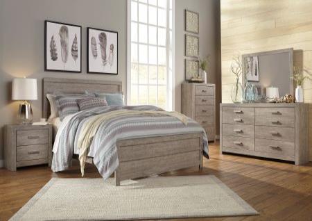 WARM GRAY QUEEN BEDROOM, DRESSER, MIRROR, CHEST, AND NIGHTSTAND