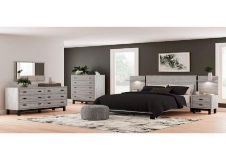 ASHLEY VESSALLI QUEEN BED WITH EXTENDED HEADBOARD, DRESSER, MIRROR, CHEST, AND TWO NIGHTSTANDS