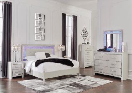 ASHLEY QUEEN BED AND MIRROR WITH LIGHTS, DRESSER, CHEST, AND NIGHTSTAND