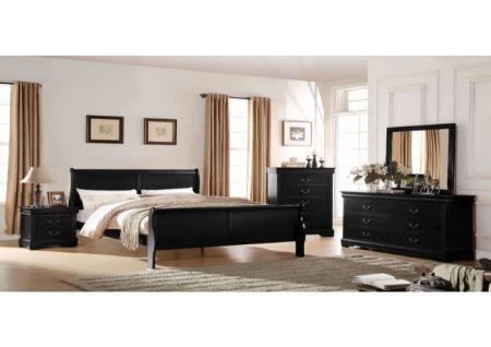 BLACK QUEEN LOUIS PHILIPPE BED, DRESSER, MIRROR, CHEST, AND NIGHTSTAND