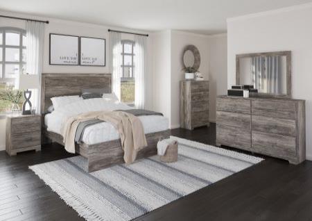 DARK WOOD GRAIN GRAY QUEEN BED, DRESSER, MIRROR, CHEST, AND NIGHTSTAND