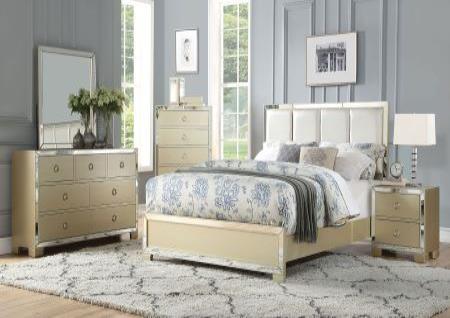 CARINE GOLD WITH BEJEWELED QUEEN BED, DRESSER, MIRROR, CHEST, AND TWO NIGHTSTANDS