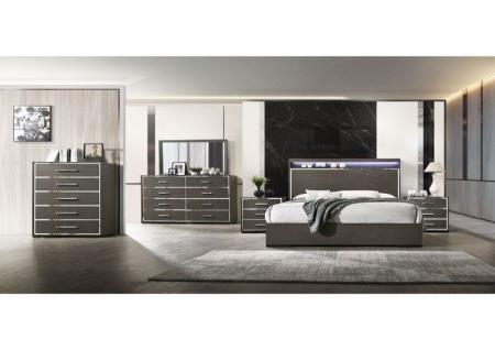 ACME ESCHER GRAY WITH GLAM ACRYLIC TRIM QUEEN BED WITH LIGHTS, DRESSER, MIRROR, CHEST, AND NIGHTSTAND