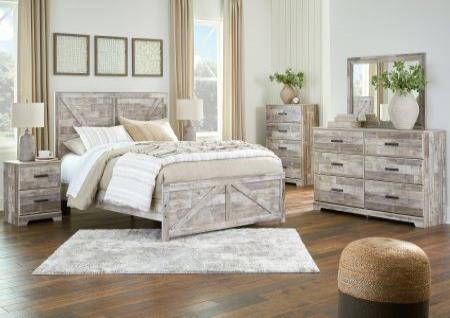 HODANNA WHITEWASH QUEEN PANEL BED, DRESSER, MIRROR, CHEST, AND NIGHTSTAND