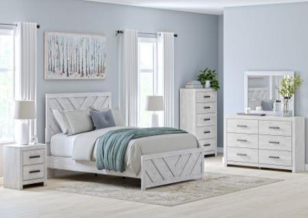 ASHLEY WHITEWASH GRAY QUEEN PANEL BED, DRESSER, MIRROR, CHEST, AND NIGHTSTAND