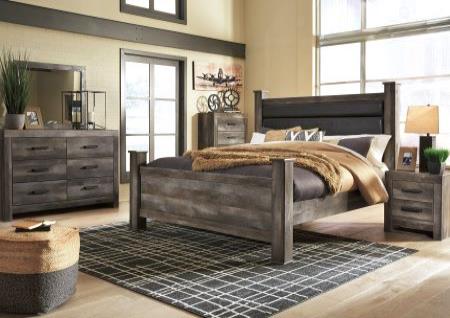 GRAY RUSTIC PLANK KING POSTER BED, DRESSER, MIRROR, CHEST, AND NIGHTSTAND