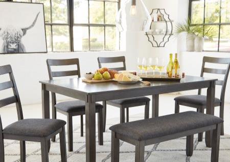 GRAY DINING TABLE WITH 4 CHAIRS AND BENCH