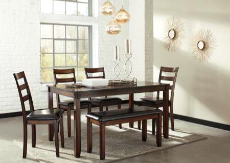 BROWN DINETTE WITH 4 CHAIRS AND A BENCH