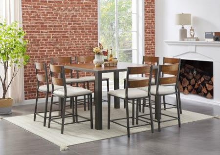 BROWN TOP WITH GRAY SILVERTONE METAL FRAME COUNTER HEIGHT TABLE AND 8 CHAIRS