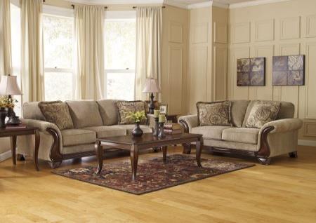 TRADITIONAL SOFA AND LOVESEAT WITH WOOD ACCENTS