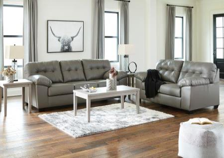 GRAY FAUX LEATHER SOFA AND LOVESEAT