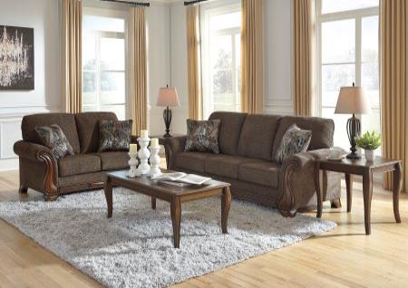 TEAK TRADITIONAL SOFA AND LOVESEAT WITH WOOD TRIM